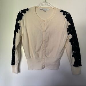 Diane von Furstenberg Cream Cardigan with Black Lace Sleeves